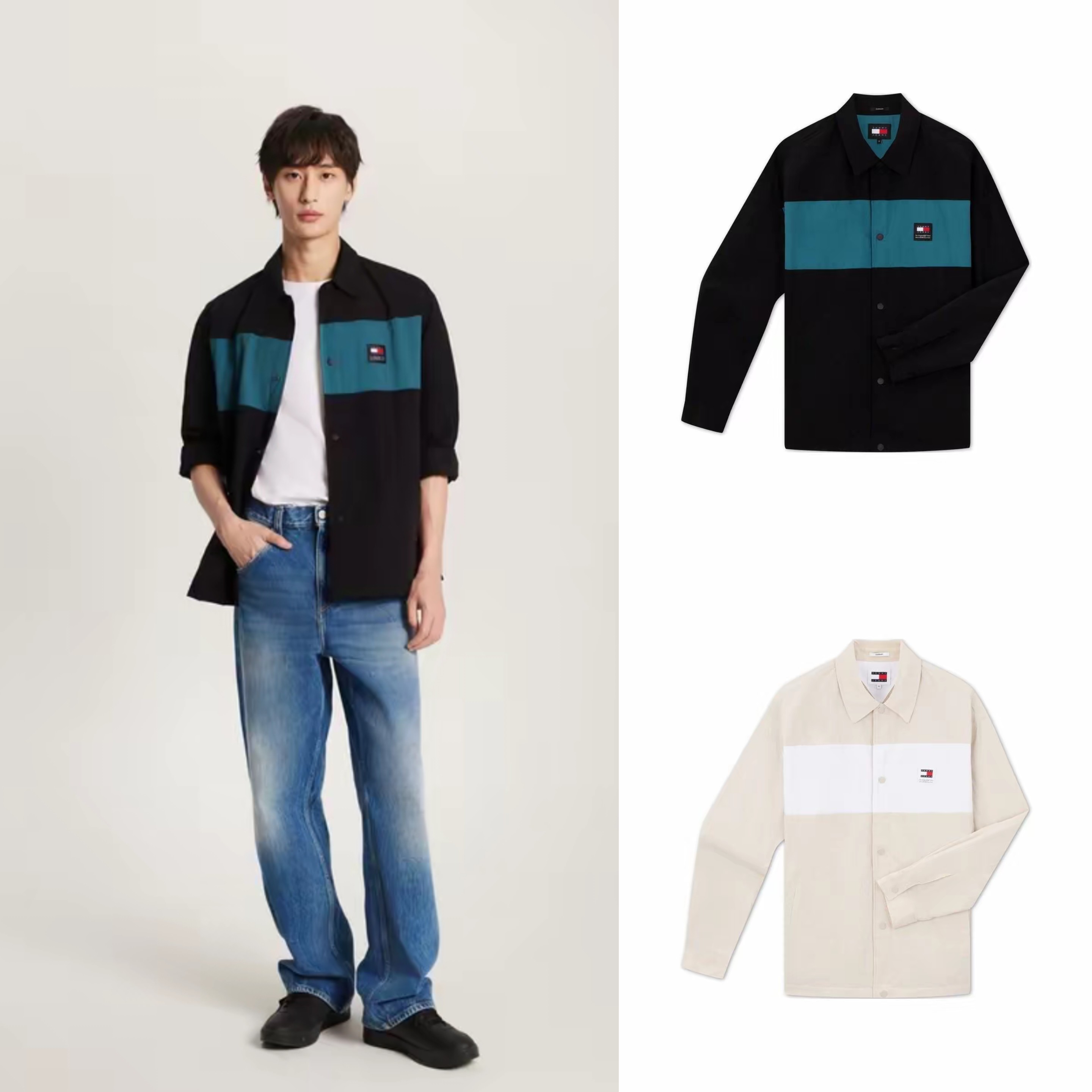 正品Tommy Hilfiger汤米复古撞色布标按扣翻领工装带内衬外套衬衫