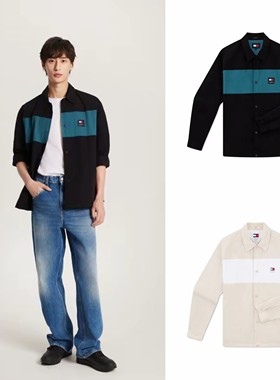 正品Tommy Hilfiger汤米复古撞色布标按扣翻领工装带内衬外套衬衫