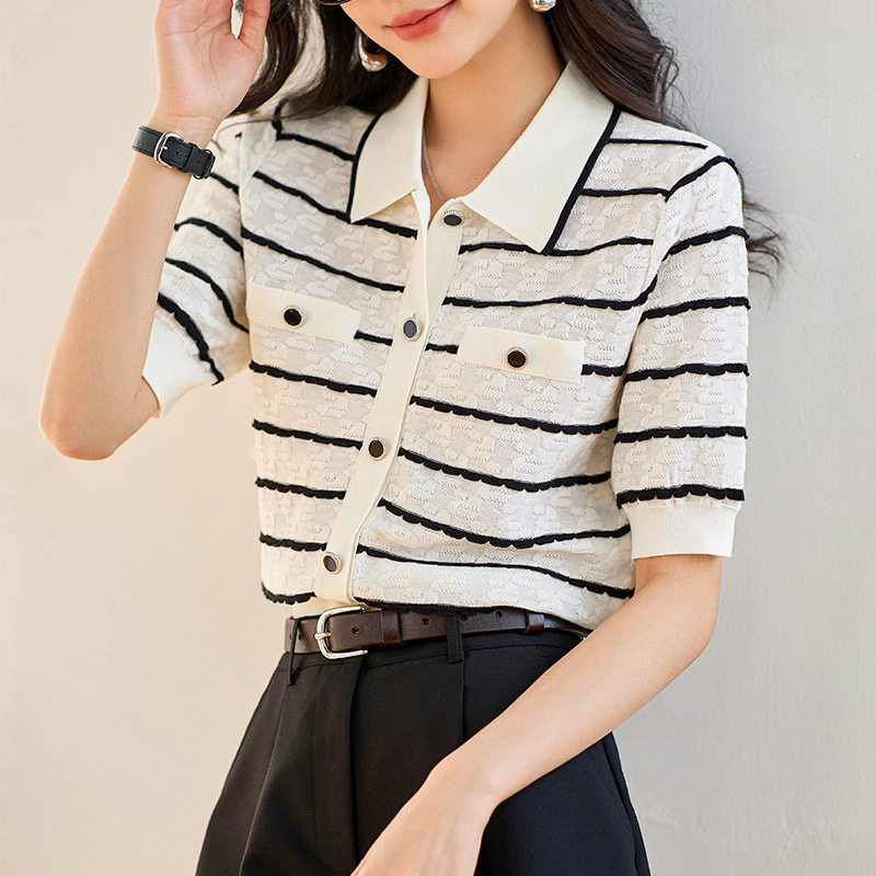 2024年夏季新款设计感立体提花复古条纹POLO领撞色针织短袖上衣女,女装/女士精品,T恤,淘宝优惠券,粉丝福利购,淘宝优惠卷