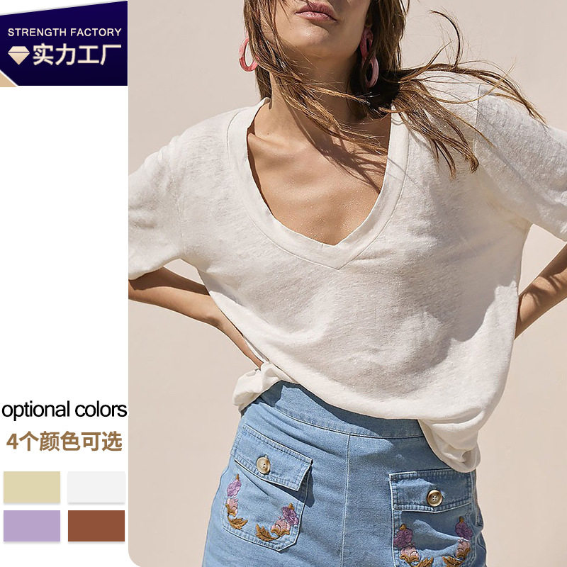 深v领设计T恤跨境欧美风上衣夏季外贸针织麻感竹节棉短袖宽松女