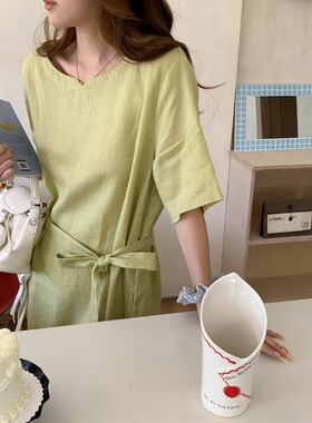 3th Morning 原生质朴感 全亚麻简约风绑带收腰连衣裙ZY4240