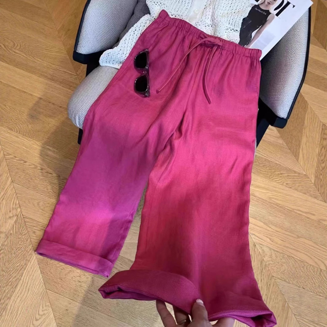 被惊艳到了！薄款玫红色亚麻休闲阔腿裤女2026夏季新款直筒裤子潮