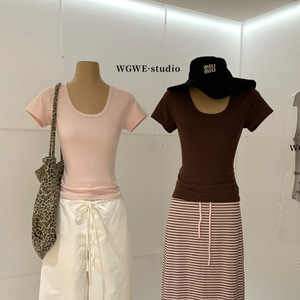 U3U夏季女装时髦简约风基础款百搭修身显瘦正肩U领短袖T恤W10051