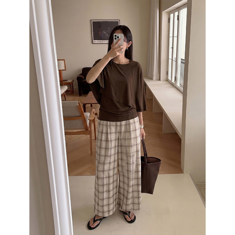 THE MIND 天丝亚麻格子休闲裤女2026夏韩系高腰直筒长裤T6623X