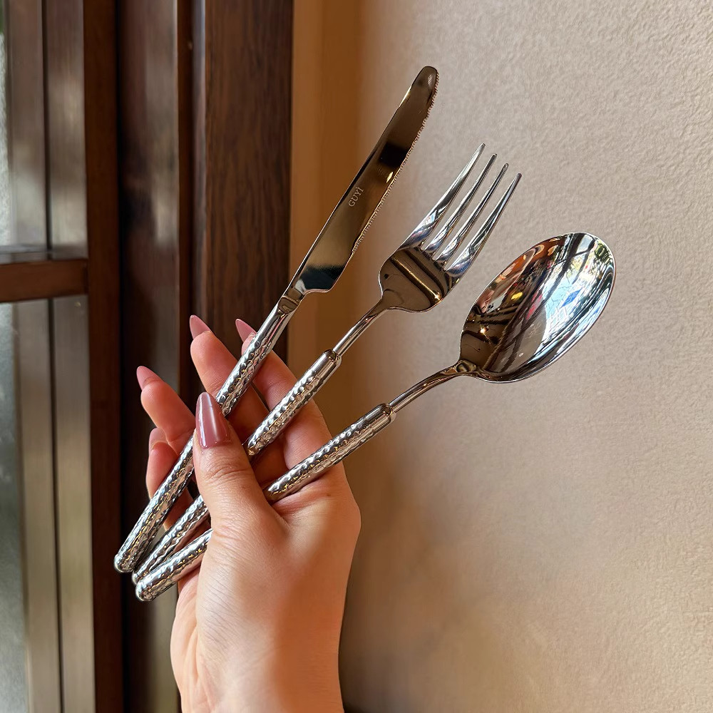 「五星级西餐具套装」高级感家用不锈钢钻石锤纹牛排刀叉勺三件套