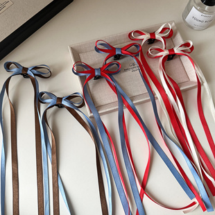 三福同款少女复古休闲双拼色蝴蝶结飘带抓夹芭蕾风双马尾发夹发饰