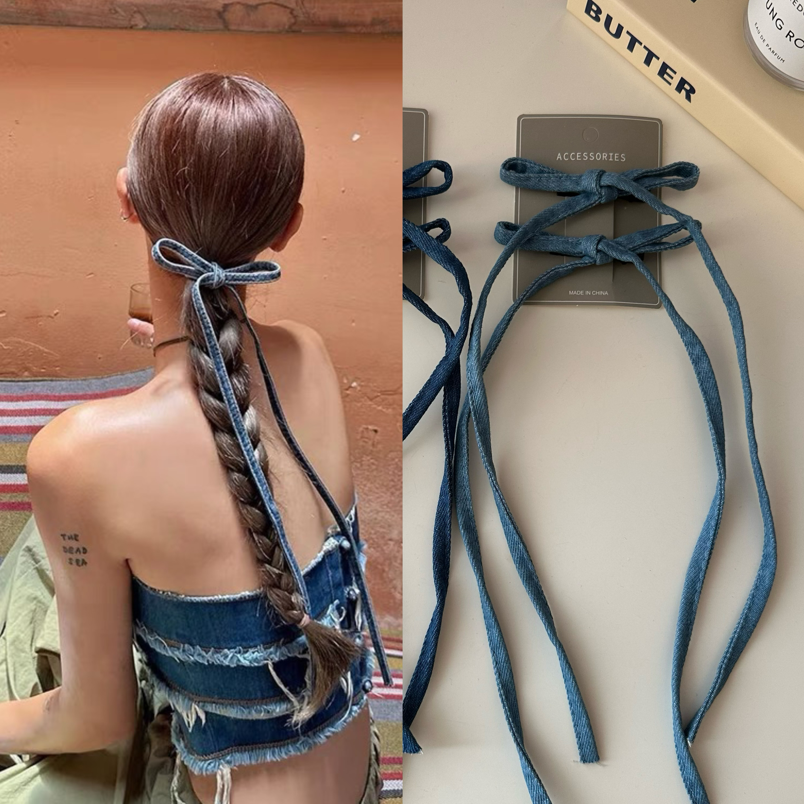 娜扎同款牛仔蓝蝴蝶结飘带发夹女后脑勺碎发鸭嘴夹侧边刘海夹头饰