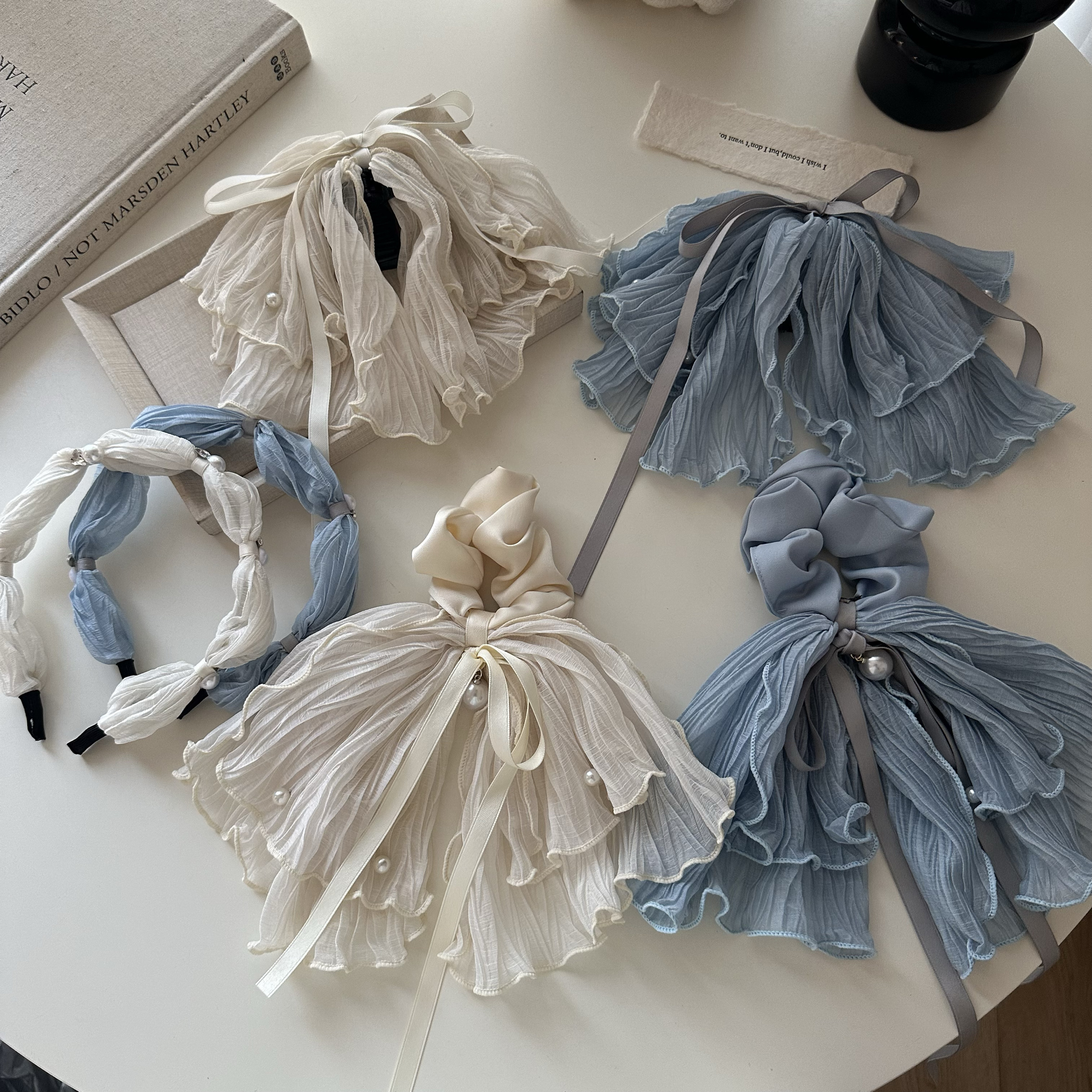 海盐蓝网纱丝带蝴蝶结马尾抓夹