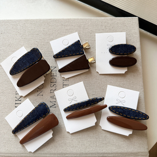 韩系新款复古高级感咖色牛仔蓝发夹刘海夹碎发边夹气质百搭侧边夹