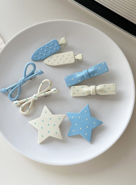 可爱奶蓝色波点蝴蝶结发夹刘海夹碎发边夹少女前额对夹鸭嘴夹发卡