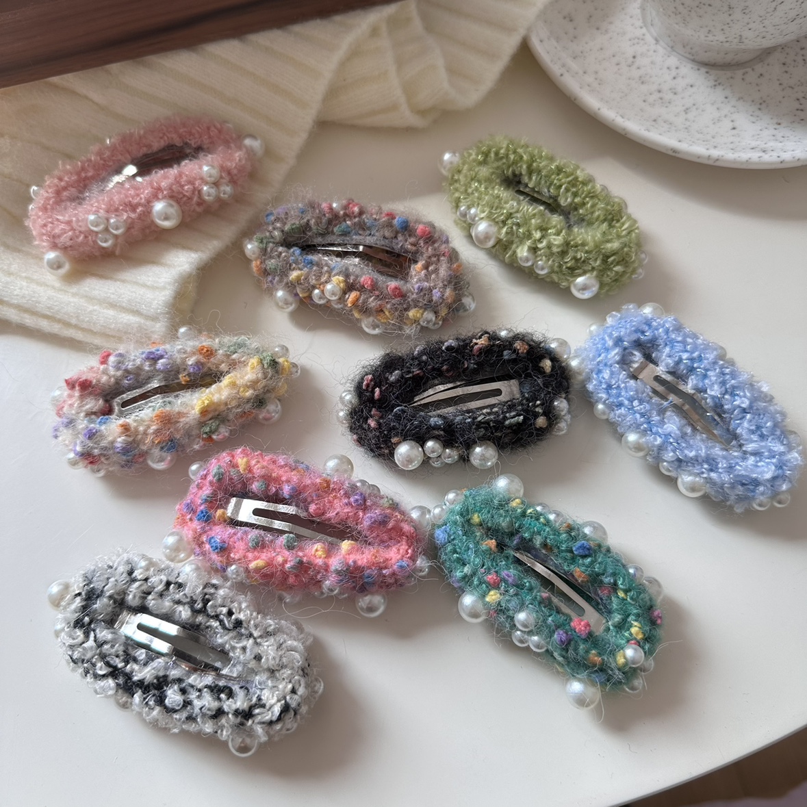 小香风珍珠毛线发夹可爱软糯少女