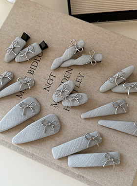 日韩新款手作浅蓝色布艺银色蝴蝶结发夹刘海夹碎发边夹侧边夹卡子