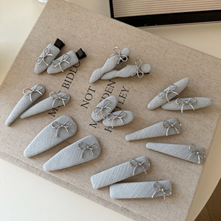 日韩新款手作浅蓝色布艺银色蝴蝶结发夹刘海夹碎发边夹侧边夹卡子