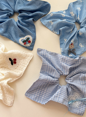 日韩新款蓝色系方巾发圈蓝色烫钻高级氛围感发绳皮筋樱桃大肠圈