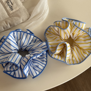 韩系蓝色黄色条纹大肠发圈女高级感发饰法式丸子头头绳小蛮腰发绳