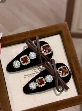 秋冬新款深棕色水钻蝴蝶结丝绒bb发夹精致复古刘海侧边夹发饰头饰