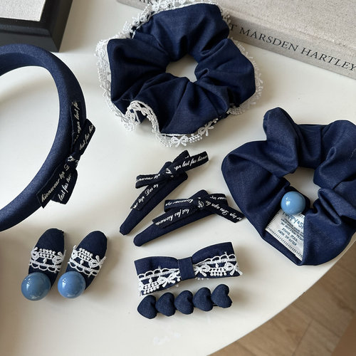 藏青色白蕾丝发夹洋气小众蝴蝶结发圈鸭嘴夹刘海夹发箍牛仔蓝发饰