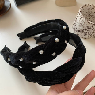 韩国网红新款秋冬黑色丝绒麻花珍珠高颅顶高级感发箍气质百搭头箍