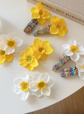 氛围感黄色双生花朵发夹甜美侧边夹发卡刘海夹度假打开仿真花发饰