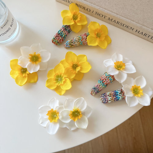 氛围感黄色双生花朵发夹甜美侧边夹发卡刘海夹度假打开仿真花发饰