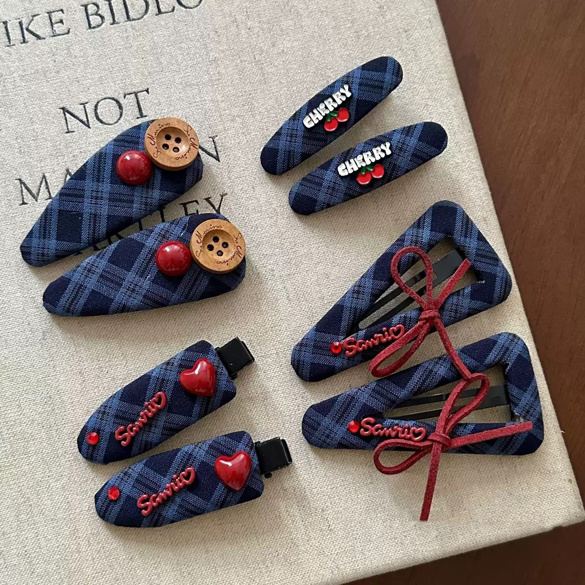 韩国东大门同款原创设计手做格子蝴蝶结纽扣大家刘海夹碎发边夹子