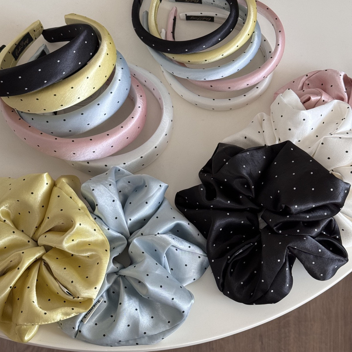 韩系新款缎面高级感波点大肠发圈发箍时尚百搭圆点大号发绳头箍