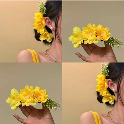 偏爱明媚黄色氛围感度假风红色花朵发夹发饰女头花拍照头饰插梳