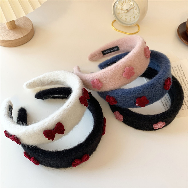 秋冬新款原创羊粘毛花朵蝴蝶结发箍少女心气质质感宽头箍仙气压发