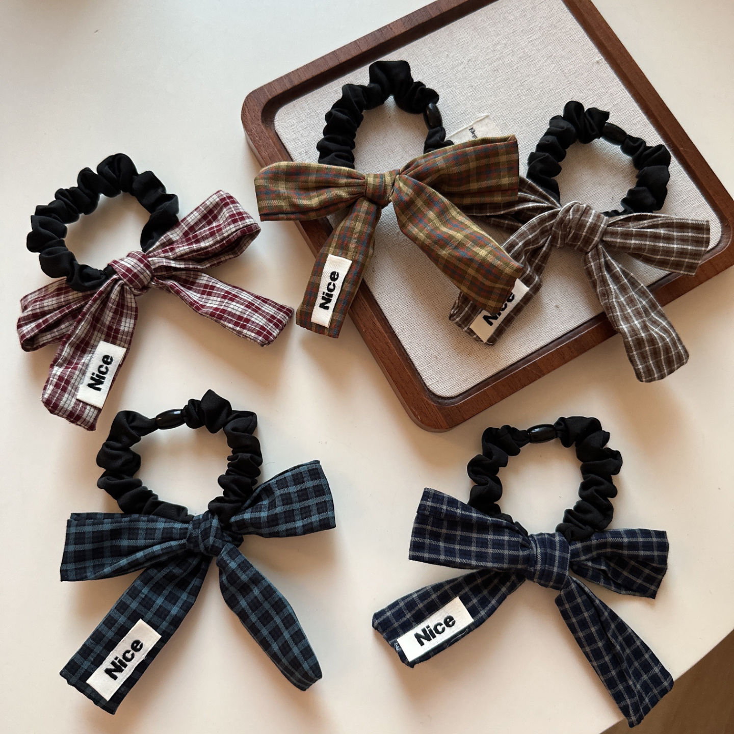 韩系新款格纹蝴蝶结发圈气质百搭丸子头马尾头绳皮筋小肠圈发饰品