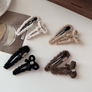 秋冬新款毛绒蝴蝶结发夹可爱复古刘海夹碎发卡子侧边夹前额对夹