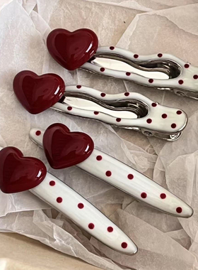 复古显白红色爱心波点发夹侧边夹刘海碎发卡前额甜美鸭嘴夹子发饰