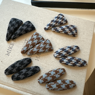 秋冬新款千鸟格子毛线针织发夹刘海夹碎发边夹气质百搭复古侧边发