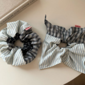 超韩拼色蓝黑格子条纹大肠发圈洋气百搭ab面手做复古方巾丸子头绳