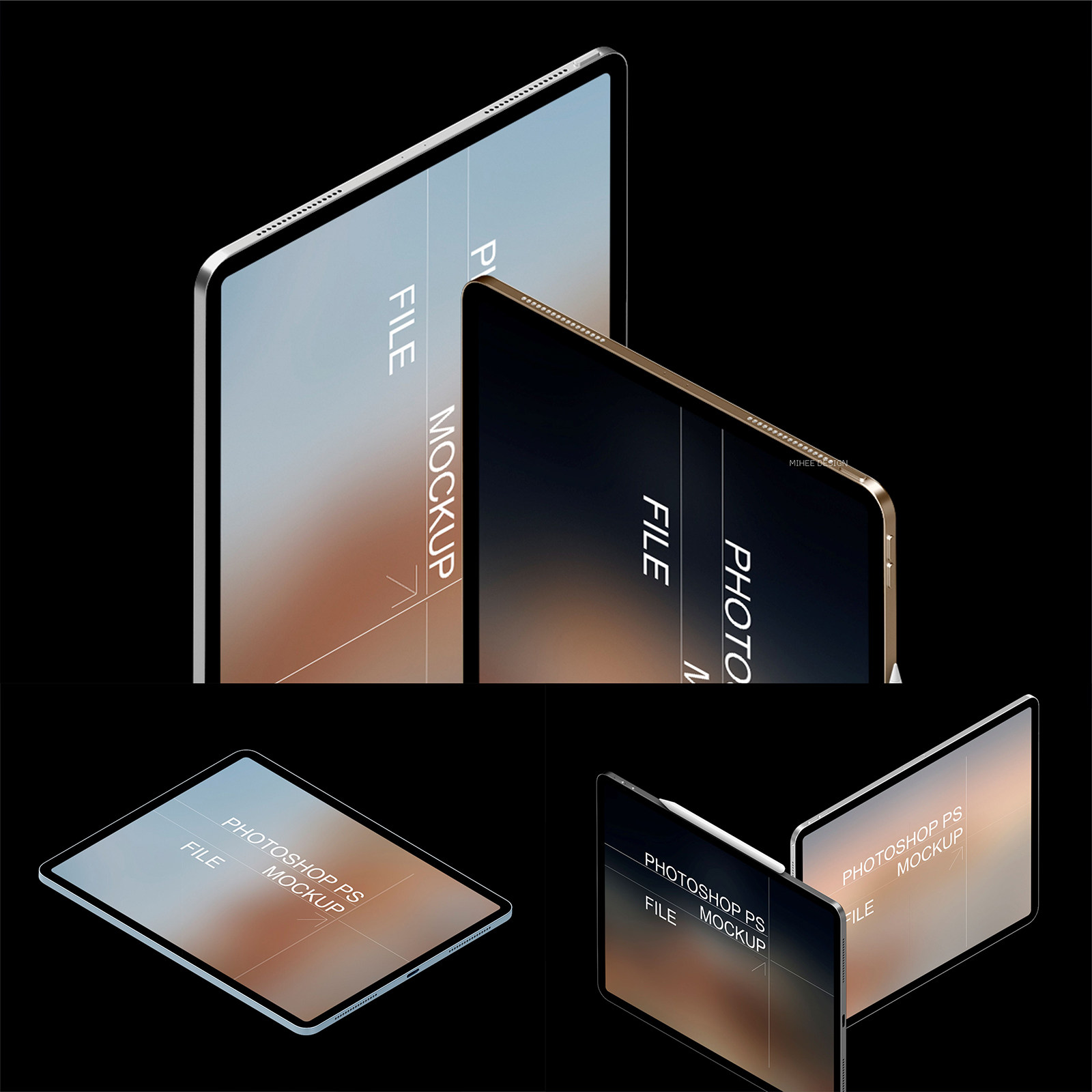 4款质感极简ipad pro苹果平板电脑屏幕ui设计展示样机psd一键替换