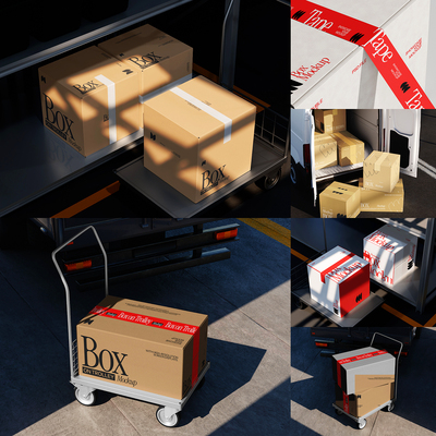 7款物流快递VI设计快递打包包装纸箱胶带展示效果图PSD样机模板