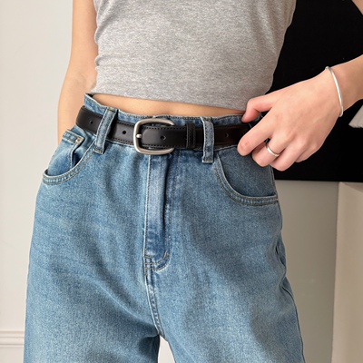 复古咖色女式皮带真皮女款百搭高腰阔腿牛仔裤搭配ins金属扣腰带