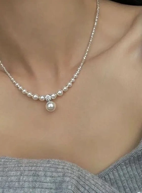 赛伊娜轻奢高级感碎银子纯银锁骨链小红书同款法式施家珍珠项链女