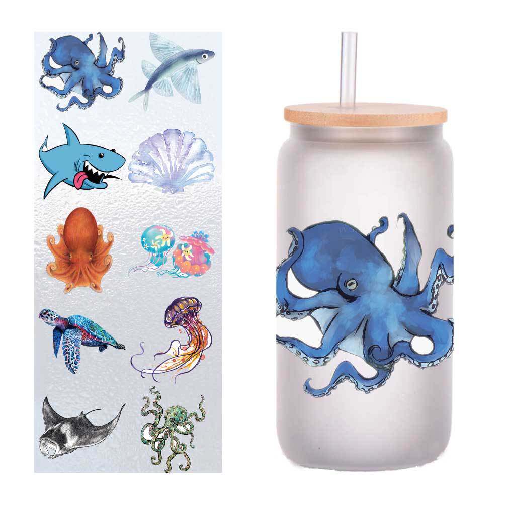 10张四英寸卡通海洋生物UV转印贴纸水晶标签玻璃杯贴纸定制