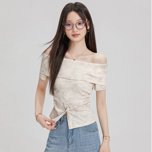 法式一字肩短袖修身小众T恤女