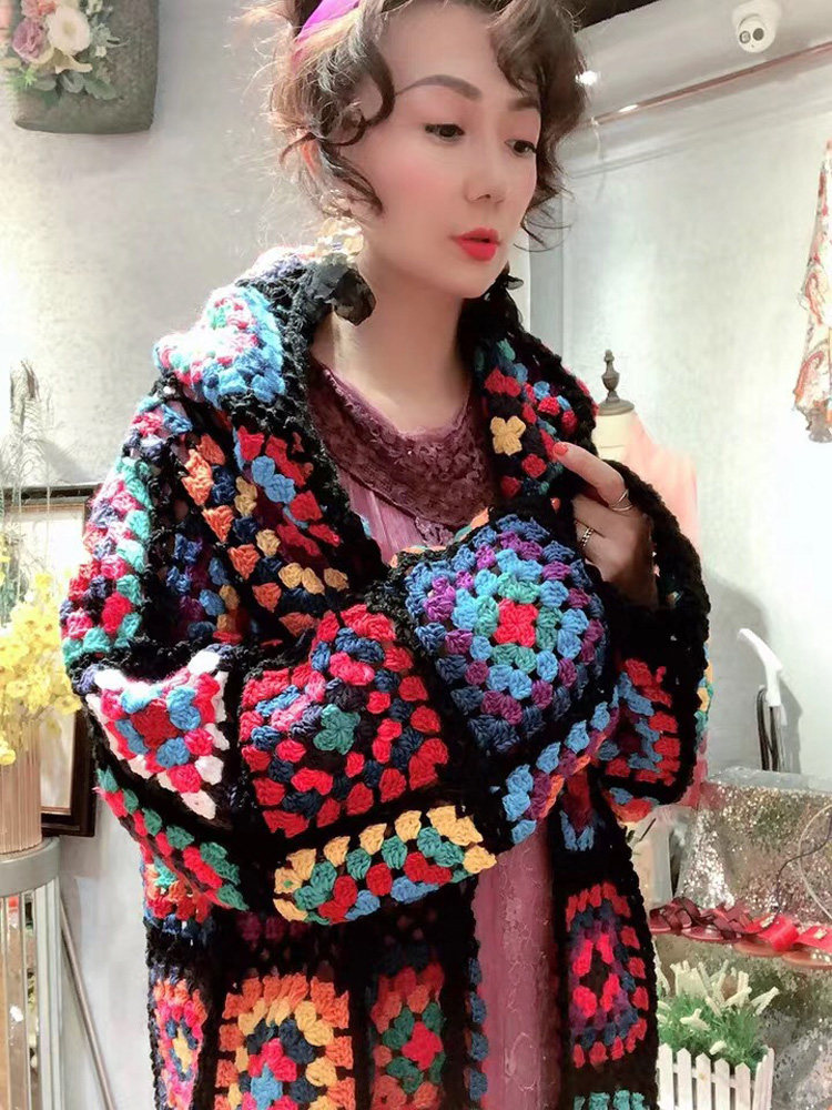 高端韩版低领宽松长款毛衣女潮手工毛线钩花开衫秋冬加厚新年外套
