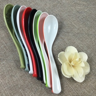 包邮高档密胺仿瓷塑料彩色黑白红色青花瓷酒店面馆耐摔长柄汤勺子