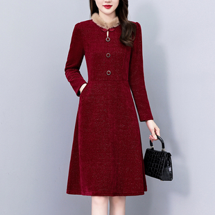 红色喜庆时尚洋气喜婆婆喜妈妈大码女装胖mm长袖连衣裙春秋冬新款