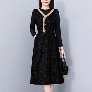 亮晶晶灯芯绒假两件套大码女装胖mm长袖连衣裙子妈妈装秋冬阔太太