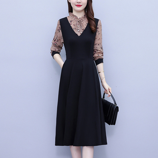 大码女装胖mm时尚洋气雪纺碎花长袖修身打底秋冬新款2023连衣裙