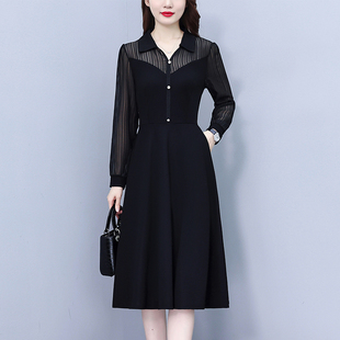 时尚气质大码女装胖mm修身显瘦中长款秋季新款遮肚连衣裙子黑色