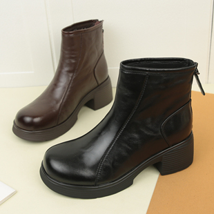 6035冬季 轻便厚底真皮短靴粗跟简约瘦瘦靴圆头舒适女靴百搭 新款