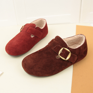 百搭魔术贴软底加绒懒人鞋 6009冬季 女时尚 复古真皮勃肯鞋 新款