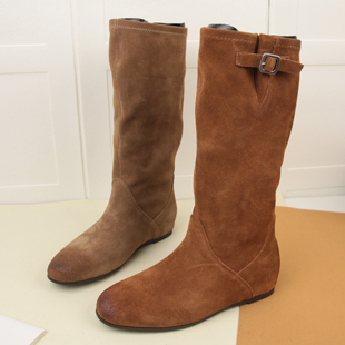6022冬季 复古圆头粗跟内增高皮带扣褶皱堆堆西部高筒女士长靴 新款