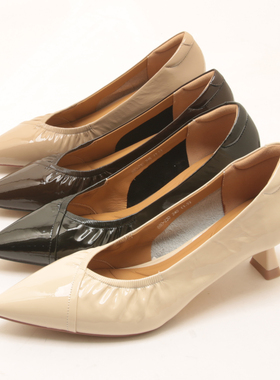 7349秋季新款气质真皮尖头细跟单鞋女浅口漆皮简约款OL职场小皮鞋