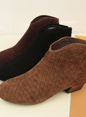 4075冬季新款真皮方头编制通勤短靴女圆头后拉链低粗跟单里裸靴